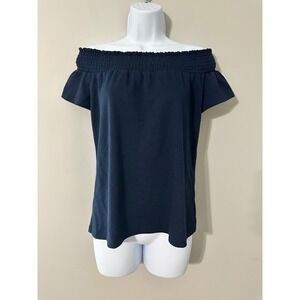 DREW ANTHROPOLOGIE Off Shoulder Top XS Navy Blue Smocked Neckline Short‎ Sleeve